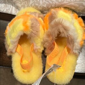 UGG Kids Yellow & Orange Fuzzy Slide Sandals